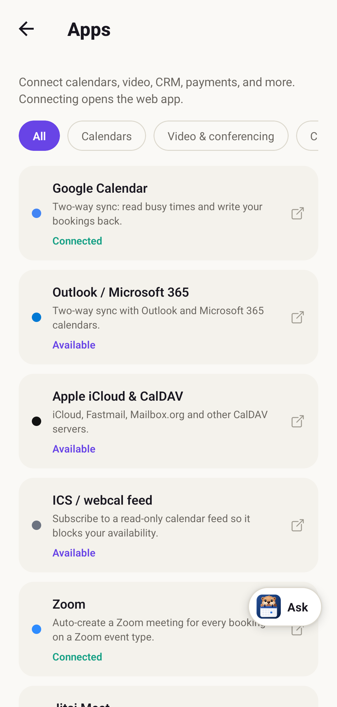The Apps screen in the DayOtter app listing Google Calendar, Outlook, Apple iCloud, an ICS feed, and Zoom